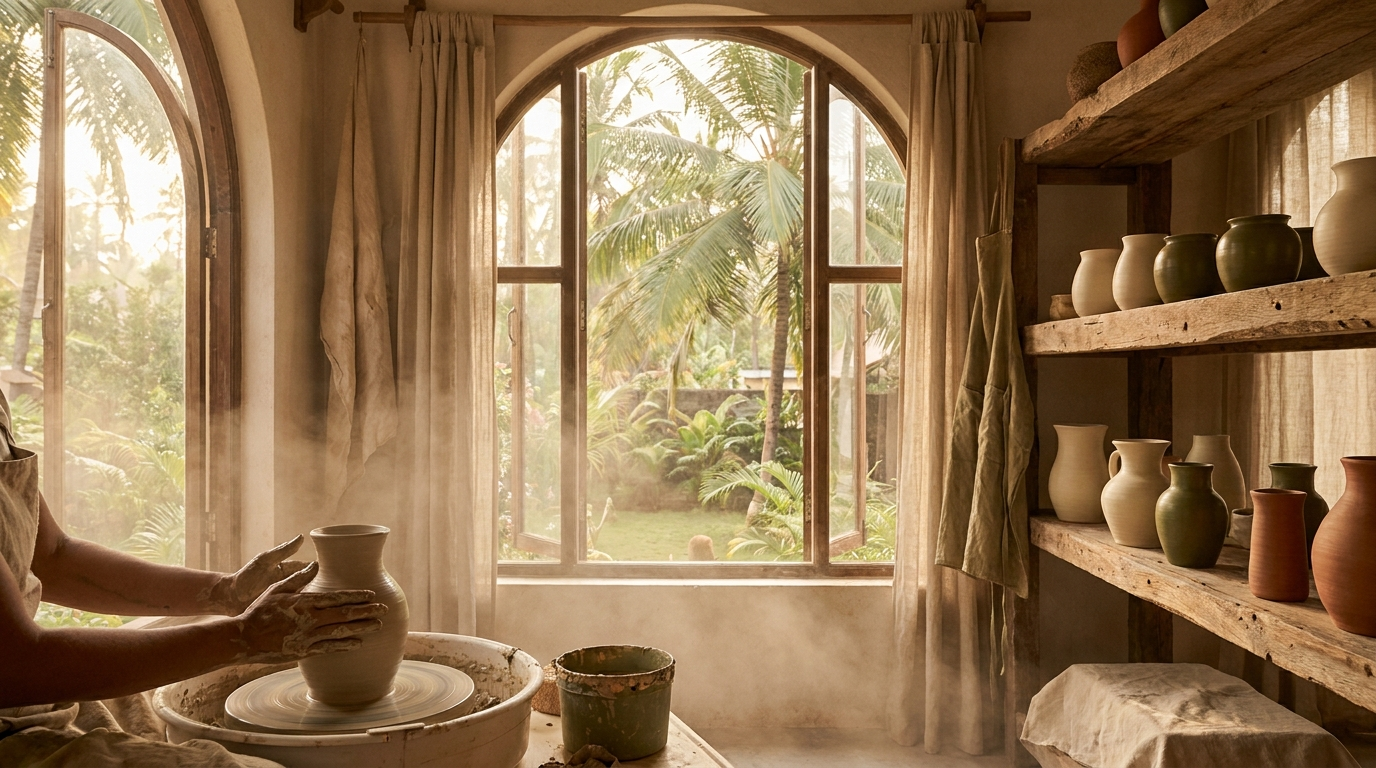 cinematic high end editorial photography of a pottery studio in south goa. warm (1)