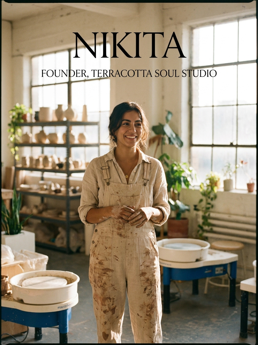 professional editorial portrait of a female artist nikita the founder of a